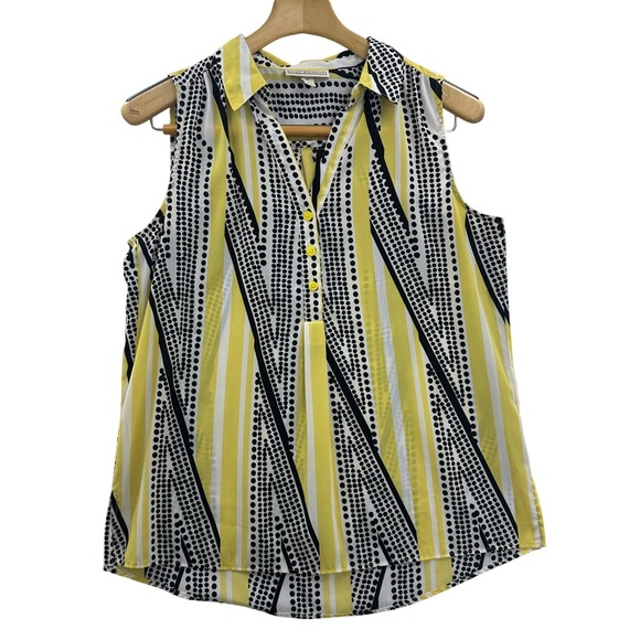 Dana Buchman Tops - Dana Buchman Womens Sleeveless Button Front Blouse M Yellow Black Dot Stripe